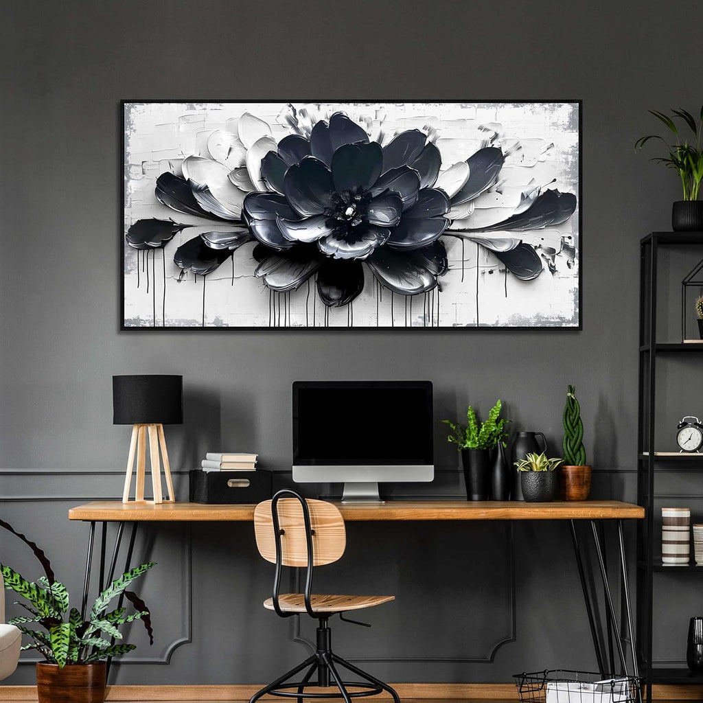 Flower Wall Art for Lving Room, Blue Black and White Canvas Wall Decor for Bedroom, Floral Picture Print Artwork for Office, Size 59 x 29 Inches Framed
