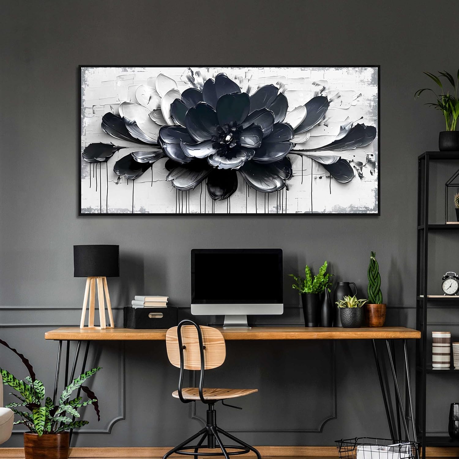 Flower Wall Art for Lving Room, Blue Black and White Canvas Wall Decor for Bedroom, Floral Picture Print Artwork for Office, Size 59 x 29 Inches Framed