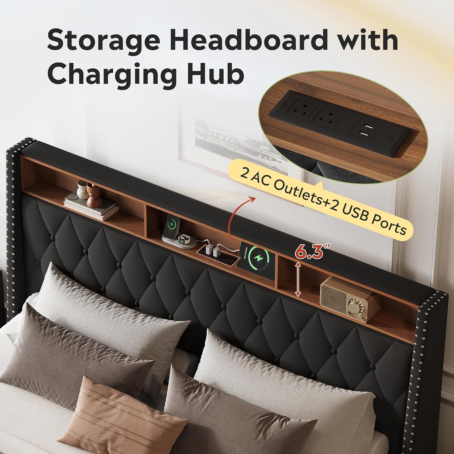 WLIVE King Size Upholstered Bed Frame with 48'' Tall Wingback Headboard, Velvet Square Tufted Platform Beds with Charging Station, Sturdy Metal & Wooden Slats Support, Black