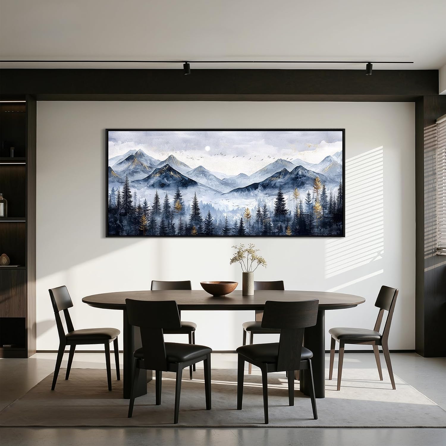 SERIMINO Extra Large Framed Mountain Forest Wall Art, 32'x71', Misty Pine Tree Watercolor in Blue Gold, Nature Scenery Canvas Wall Decor for Living Room, Bedroom, Office Decor