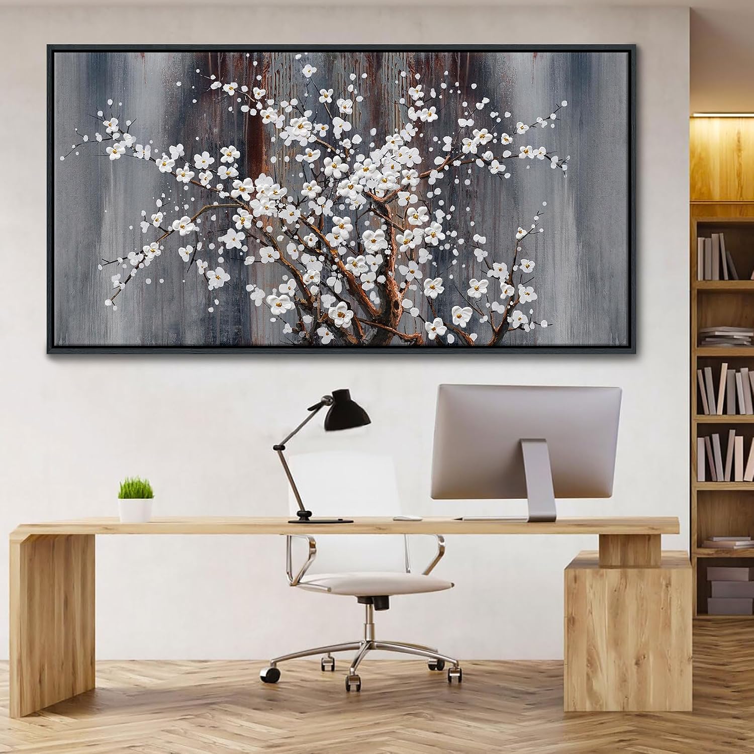 Wall Art for Living Room Large Modern Wall Decor Canvas Paintings for Wall Decorations White Flower Brown Bedroom Office Artwork Plum Blossom Art Prints Framed 29×58IN