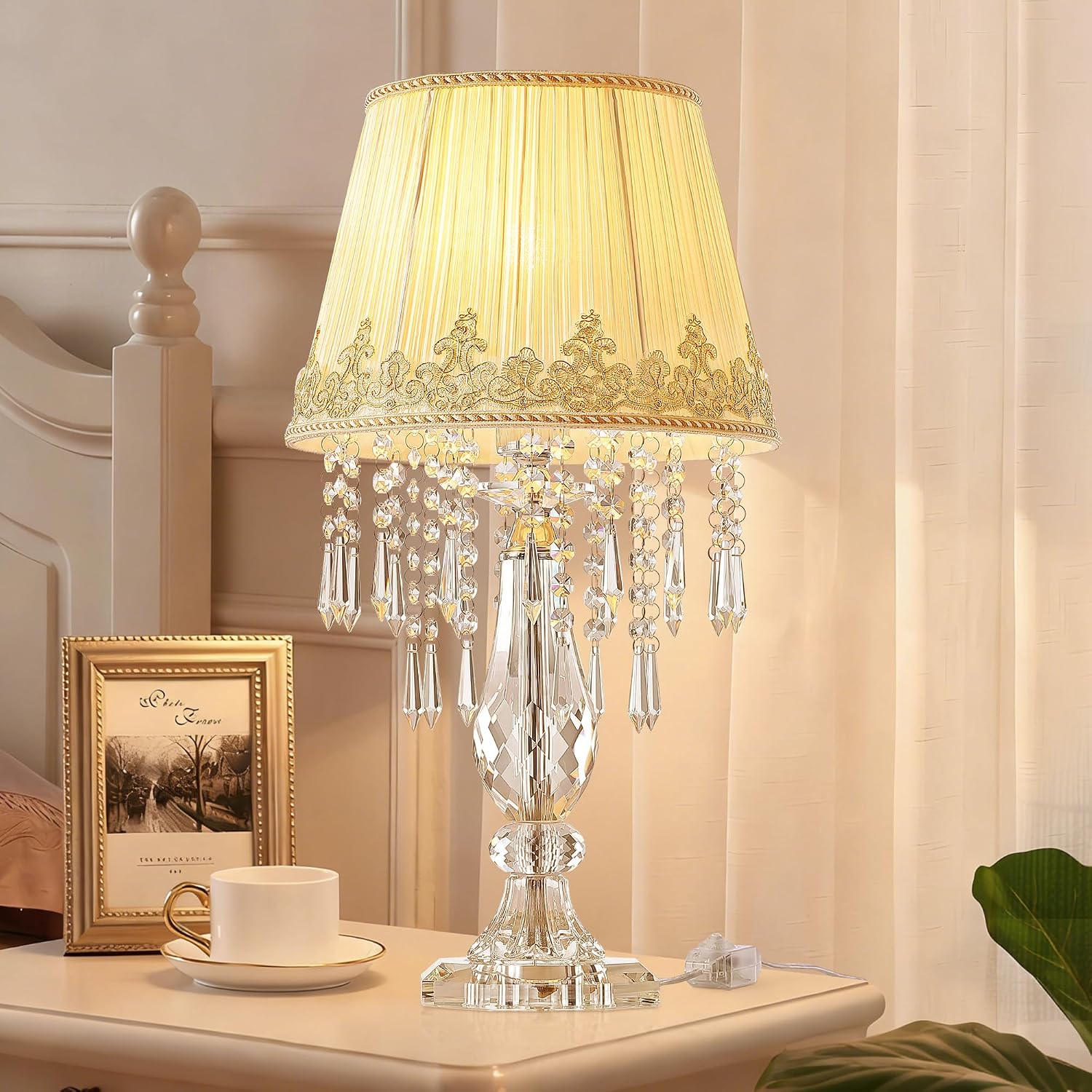 Crystal Table Lamp Set of 2, Bedside Lamps with Beige Chiffon Fabric Lampshade, Dimmable Plug-in Nightstand Reading Lamps with Raindrop Crystals for Bedroom, Living Room, W11.8'' X H21.7''