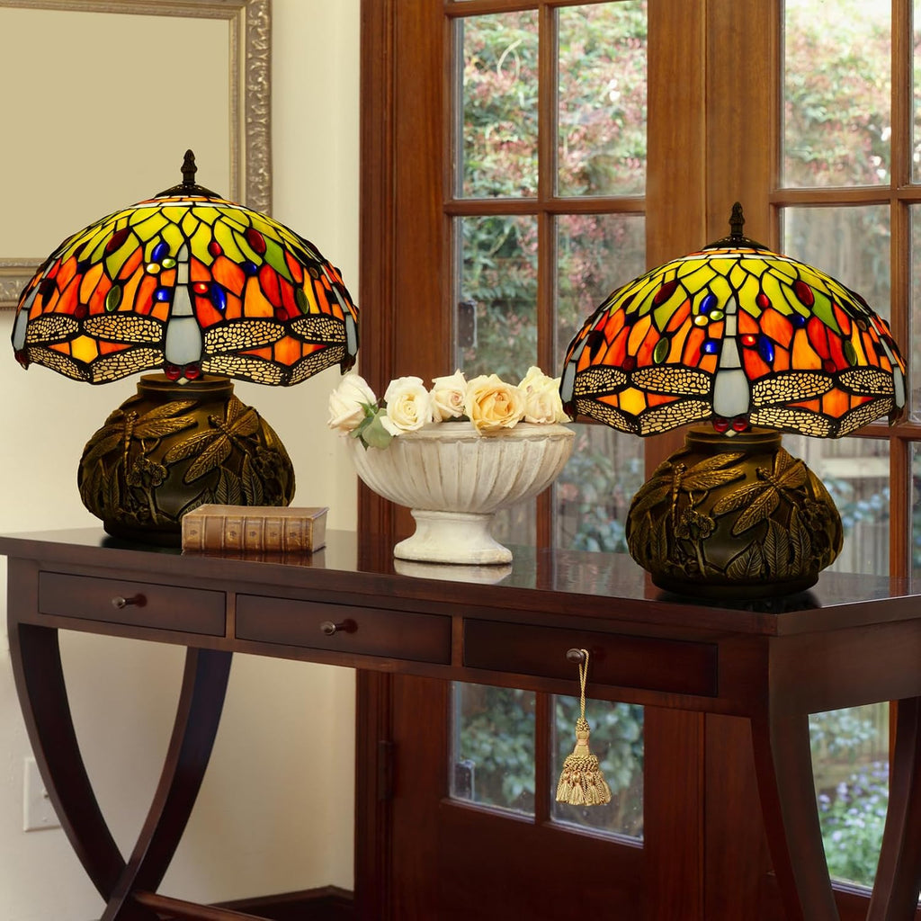 Tiffany Style Table Lamp Dragonfly, Small Stained Glass Lamp For Bedside, Bedroom, Nightstand, Living Room, 12 Inch Mini Vintage Mushroom Desk Lights Included E26 LED with Remote Control