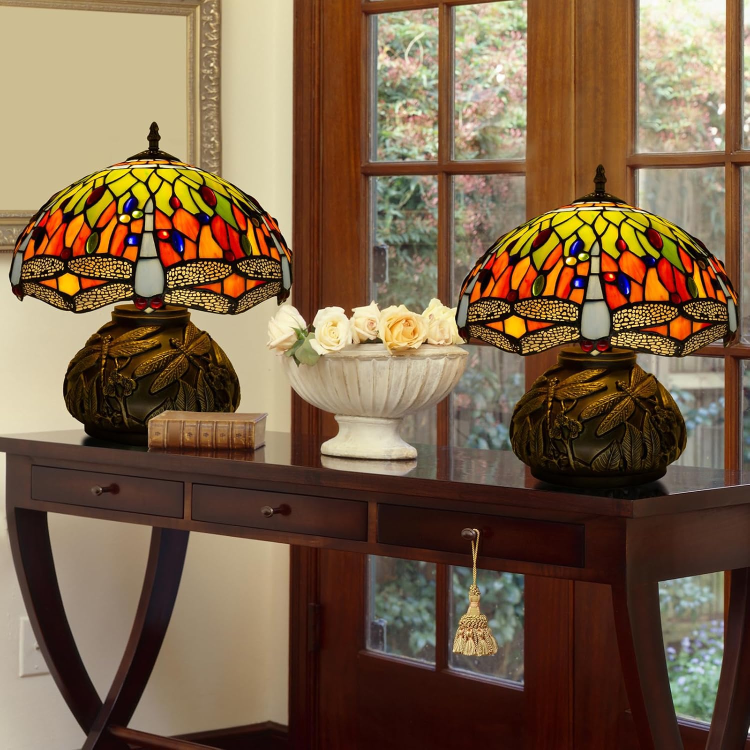 Tiffany Style Table Lamp Dragonfly, Small Stained Glass Lamp For Bedside, Bedroom, Nightstand, Living Room, 12 Inch Mini Vintage Mushroom Desk Lights Included E26 LED with Remote Control