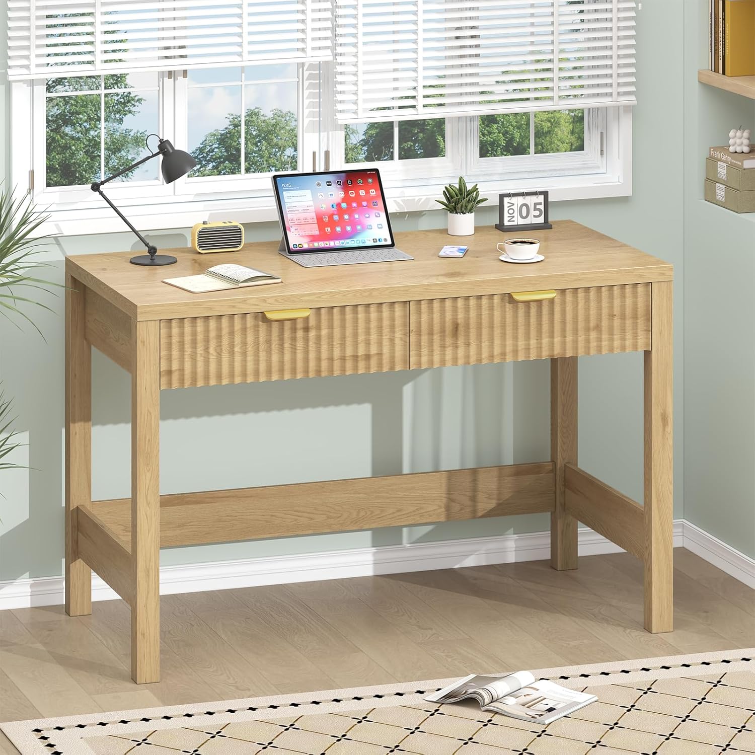 YOMILUVE Fluted Computer Desk with 2 Drawers, 39 Inch Small Computer Desk with Storage, Compact Writing Study Desk for Small Spaces