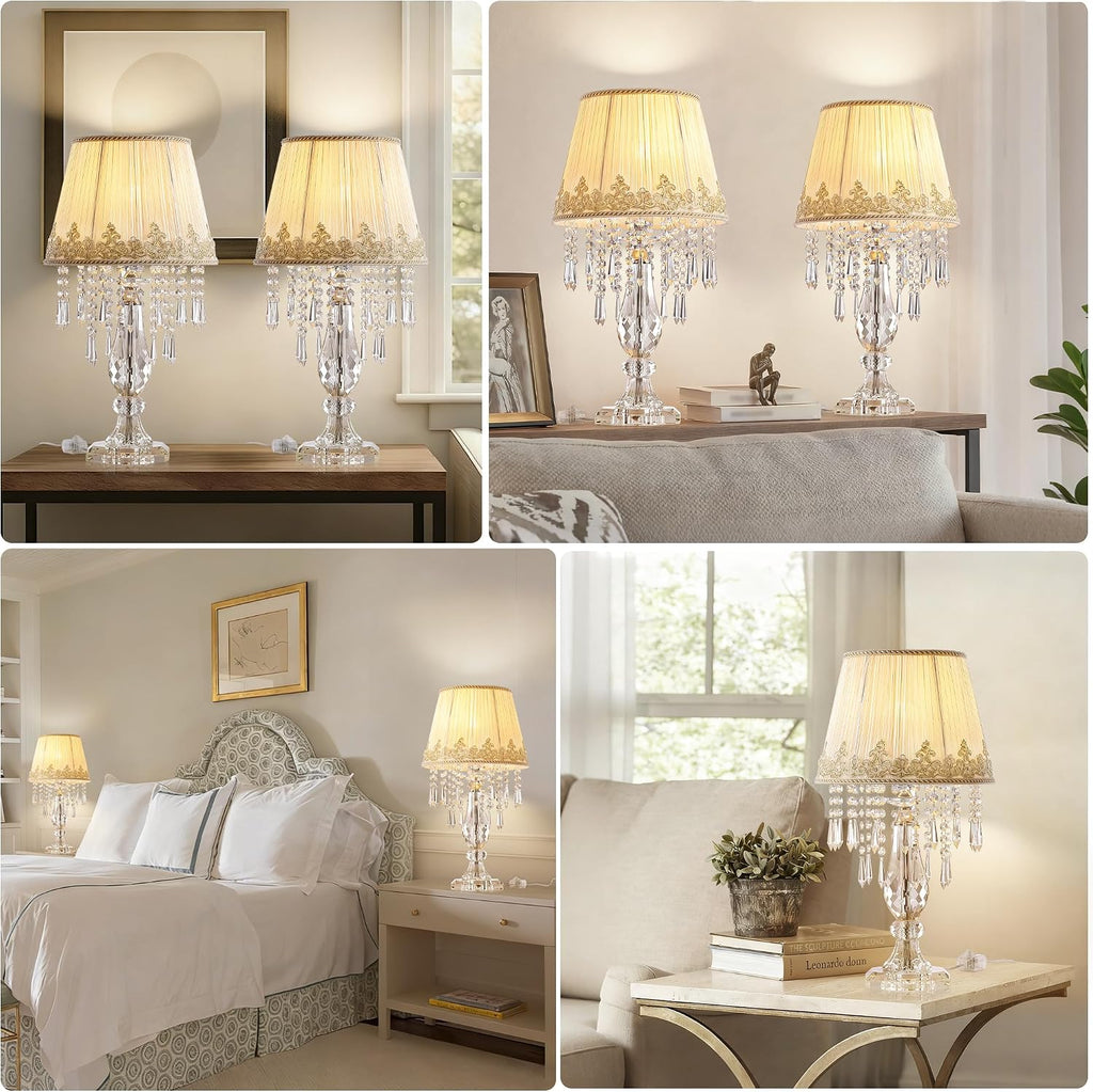 Crystal Table Lamp Set of 2, Bedside Lamps with Beige Chiffon Fabric Lampshade, Dimmable Plug-in Nightstand Reading Lamps with Raindrop Crystals for Bedroom, Living Room, W11.8'' X H21.7''