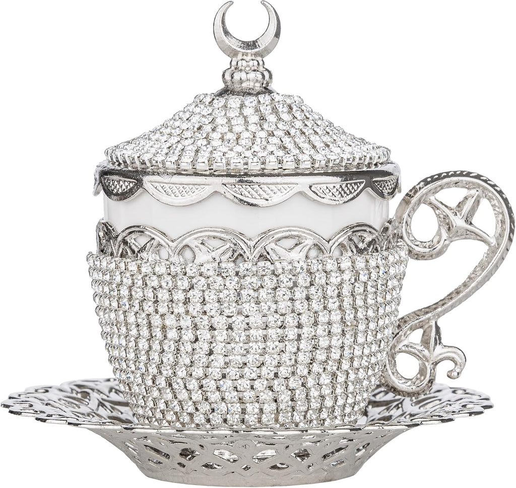 Alisveristime 27 Pc Ottoman Turkish Greek Arabic Coffee Espresso Serving Cup Saucer Crystal Set (Gelincik) - Handcrafted Traditional Set with Hilal Motifs (Silver)