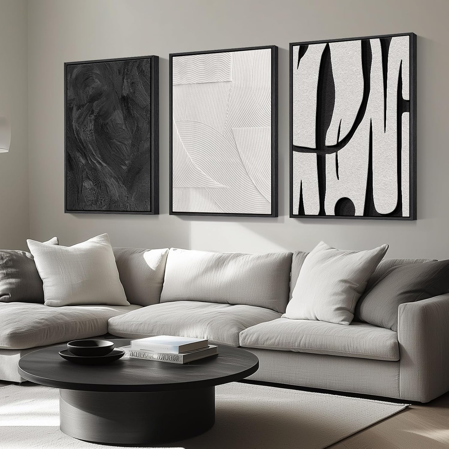 Large Framed Black and White Abstract Wall Art for Living Room, 3 Piece Canvas Prints Paintings Artwork for Walls, Modern Minimalist Pictures for Hallway Stair Office Wall Decor -Total Size 30x60 Inch