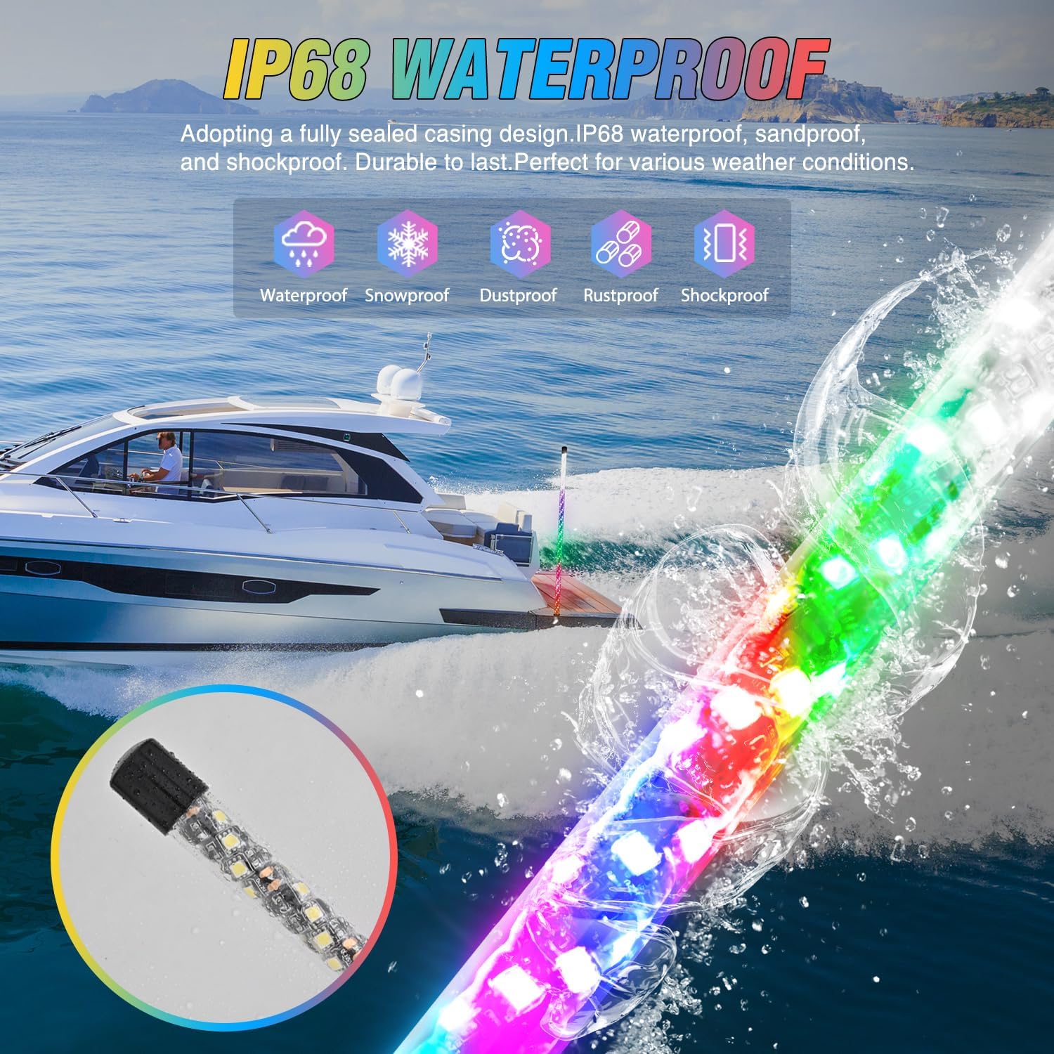 Nilight Boat Navigation Light 5FT Spiral LED Whip Lights 360° Visibility 2NM Coast Guard Compliant 400+ Patterns with Remote Plug-in Base Boats Stern Navlight for Night Fishing, Yacht, Pontoon