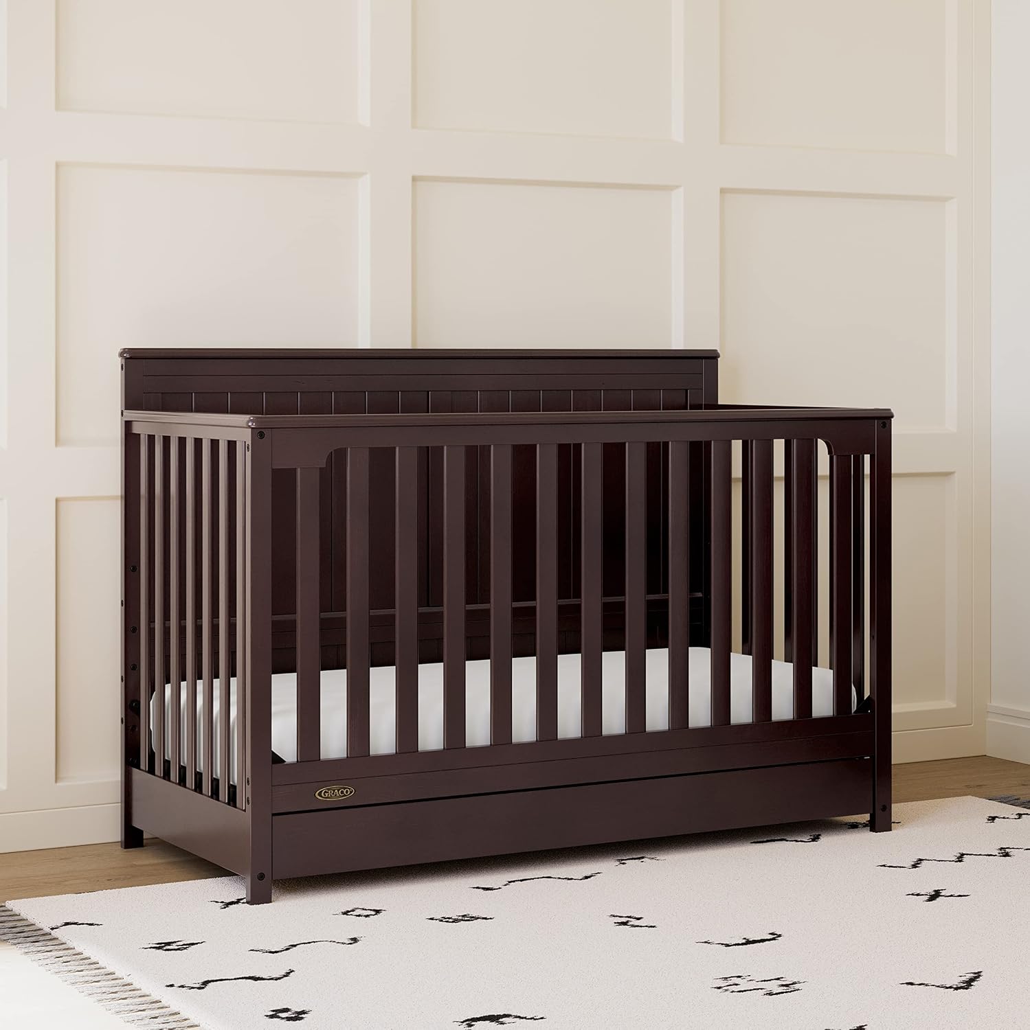 Graco Hadley 5-in-1 Convertible Crib with Drawer – GREENGUARD Gold Certified, Fits Standard Crib Mattress, Converts to Toddler Bed, Daybed and Full Bed, 4 Adjustable Mattress Heights (Espresso)