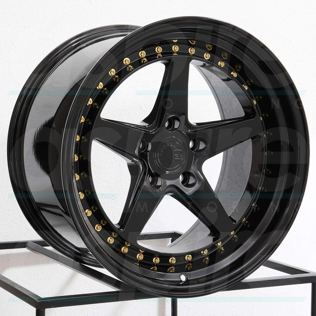 Aodhan DS-05 Custom Wheel - 18x9.5, 30 Offset, 5x114.3 Bolt Pattern, 73.1mm Hub - Gloss Black with Gold Rivets Rim