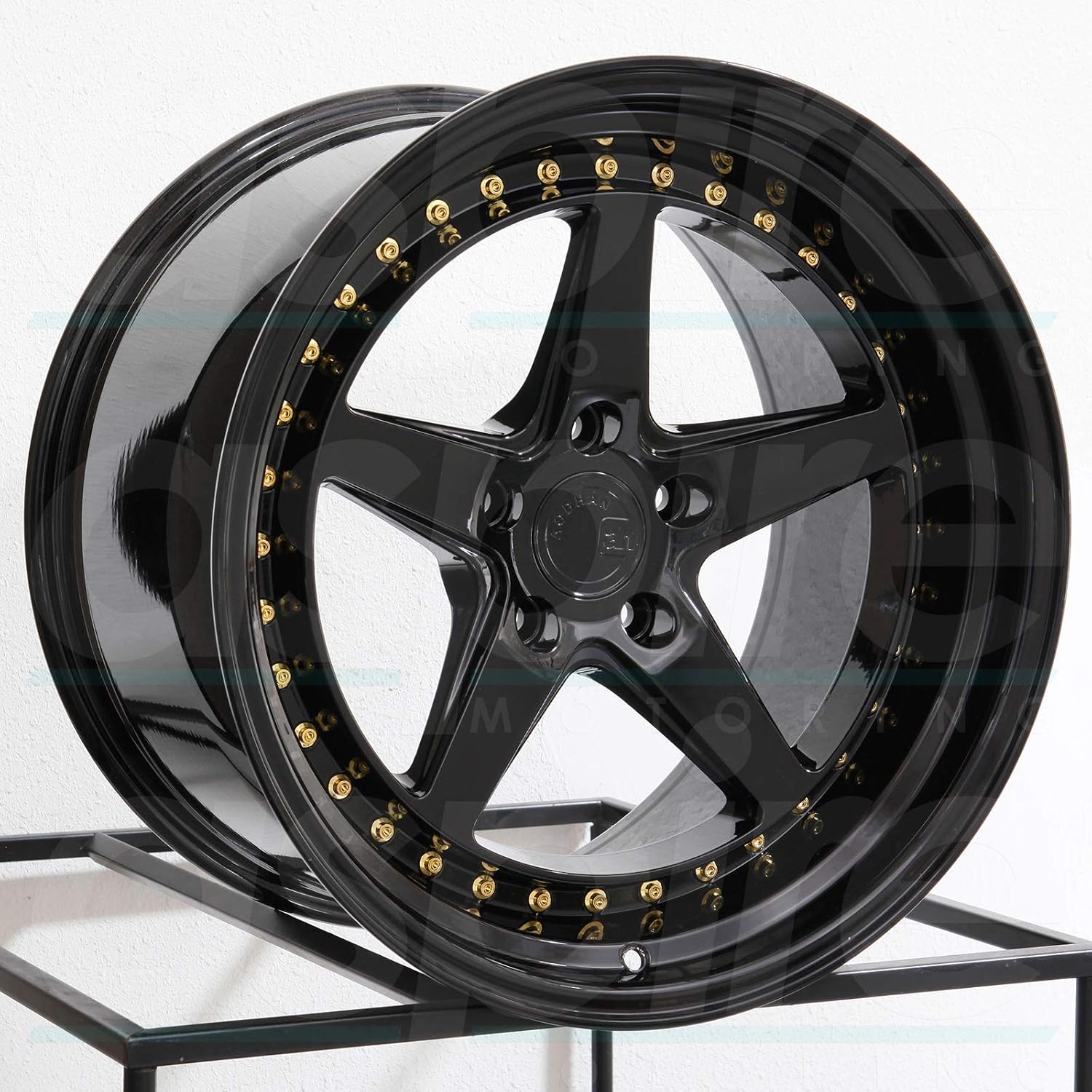 Aodhan DS-05 Custom Wheel - 18x9.5, 35 Offset, 5x100 Bolt Pattern, 73.1mm Hub - Gloss Black with Gold Rivets Rim
