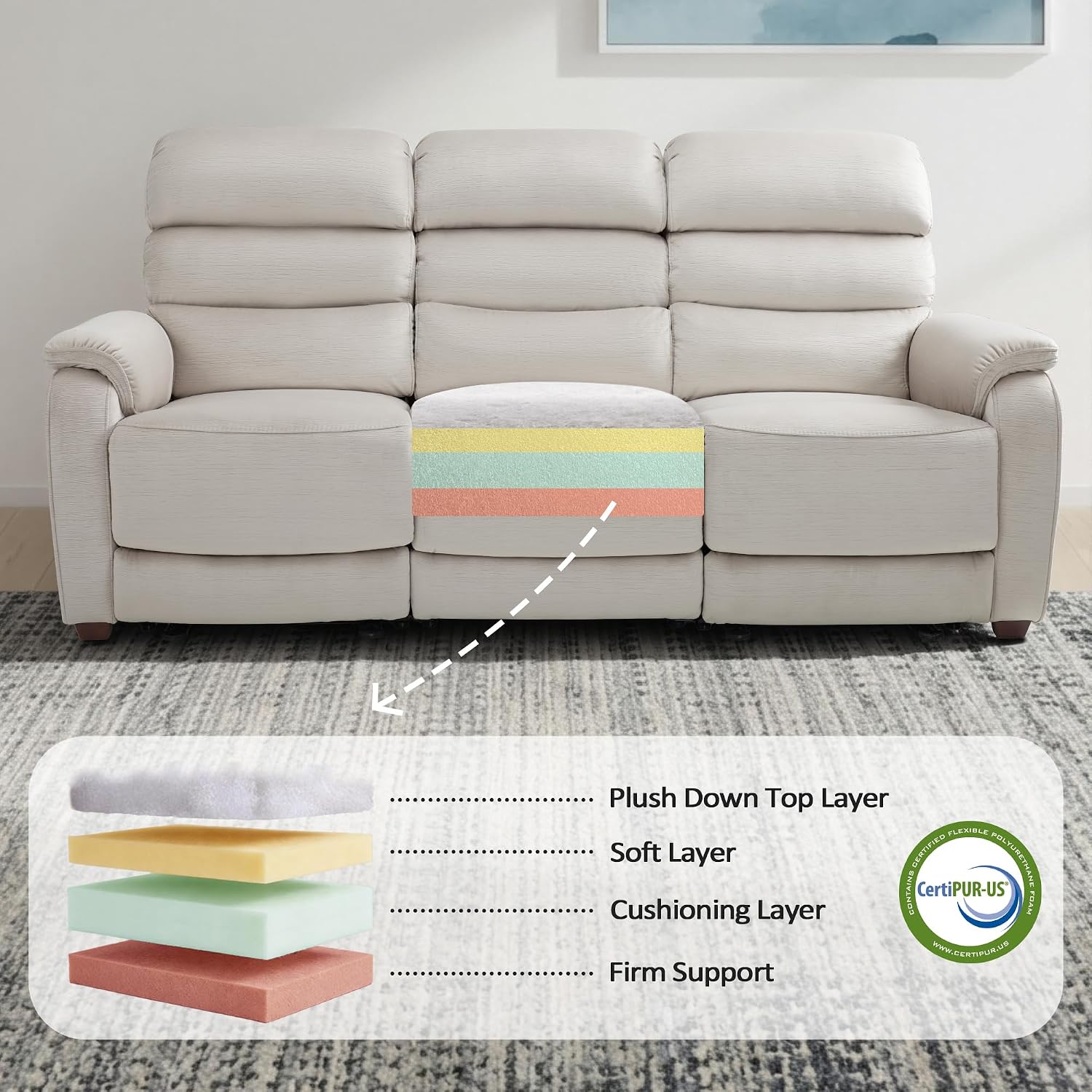 MCombo 87.2'' Wall Hugger Power Recliner Sofa with Drop Down Table, Reclining Sofa with Adjustable Headrest, USB Charge Ports, Reading Lamp, for Living Room, RVs, Fabric, ST258M3 (3-Seater, Beige)