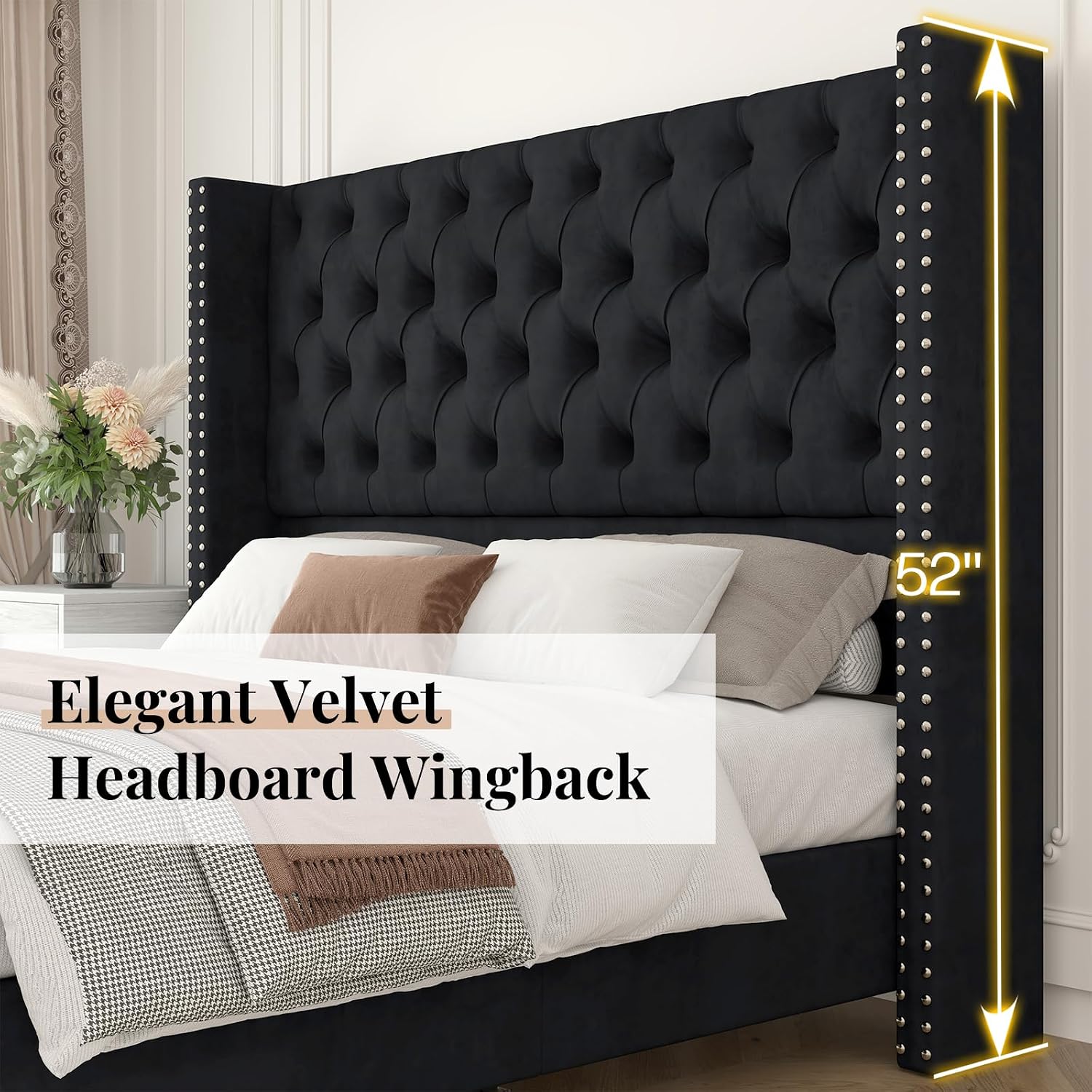 Jocisland Queen Size Velvet Upholstered Platform Bed Frame with 52' Tall Wingback Headboard, Deep Button Tufting, No Box Spring Required, Elegant Black