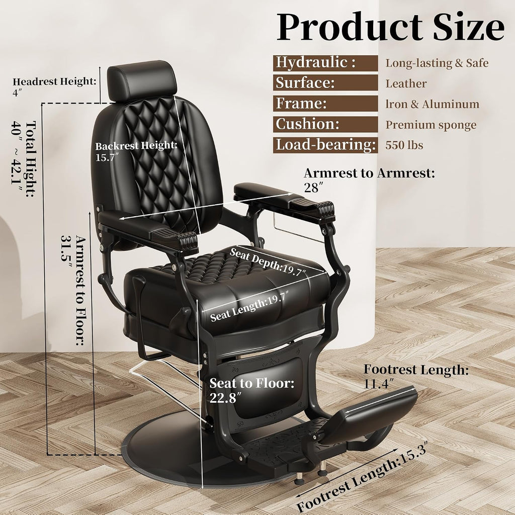 Baasha Retro Reclining Barber Chair, Ergonomic All-Purpose Salon Chair with Thick Cushion & Adjustable Headrest, Heavy-Duty Design, 550 lbs Support