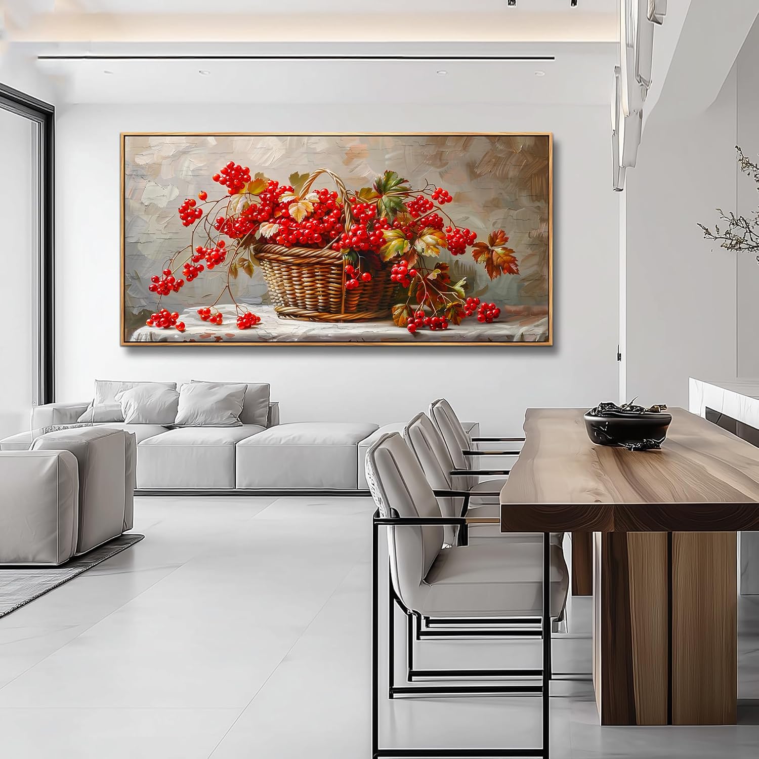 PHAOHUAXM Canvas Wall Art For Living Room Restaurant Wall Decoration For Office Bedroom Bathroom Abstract Red Fruit Mural Wooden Frame Printing Picture Artworks Modern Home Decor Aesthetics 24'X48'