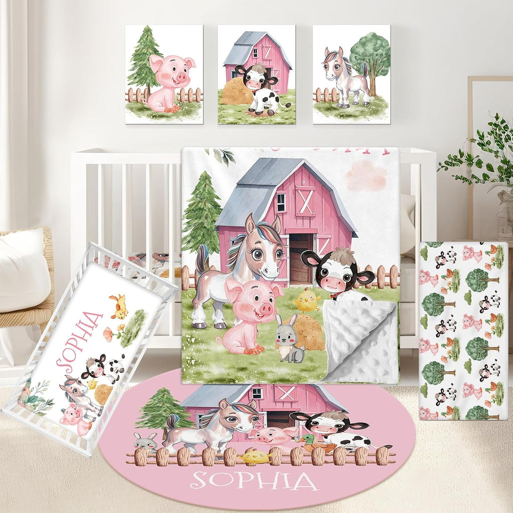 KAINSY Personalized Baby Bedding Set, 5 Pcs Custom Crib Set With Name, Double Layer Nursery Bedding, Soft Farm Animal Set for Boy Girls, Customized Gift for Toddler Infant