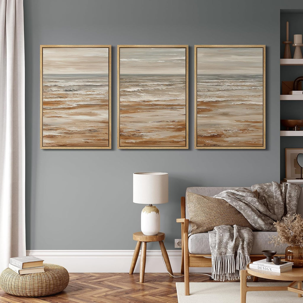 MUDECOR Framed Wall Art Print Set Neutral Coastal Seascape Minimalist Ocean Waves and Sandy Shore Illustrations Modern Art Boho Decorative for Living Room, Bedroom, Office - 24'x36'x3 NATURAL