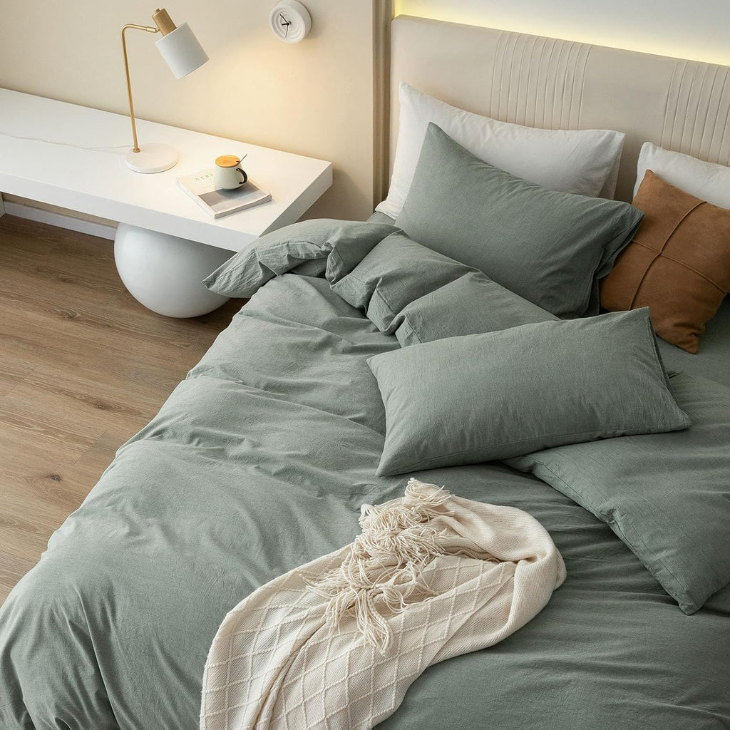 JIYUAN Alaska King Duvet Cover Set, 3-Piece - 100% Washed Cotton, Linen-Like Soft & Breathable with Zipper Closure, Includes 132x120 Inch Cover & 2 Pillowcases, Heathered Green