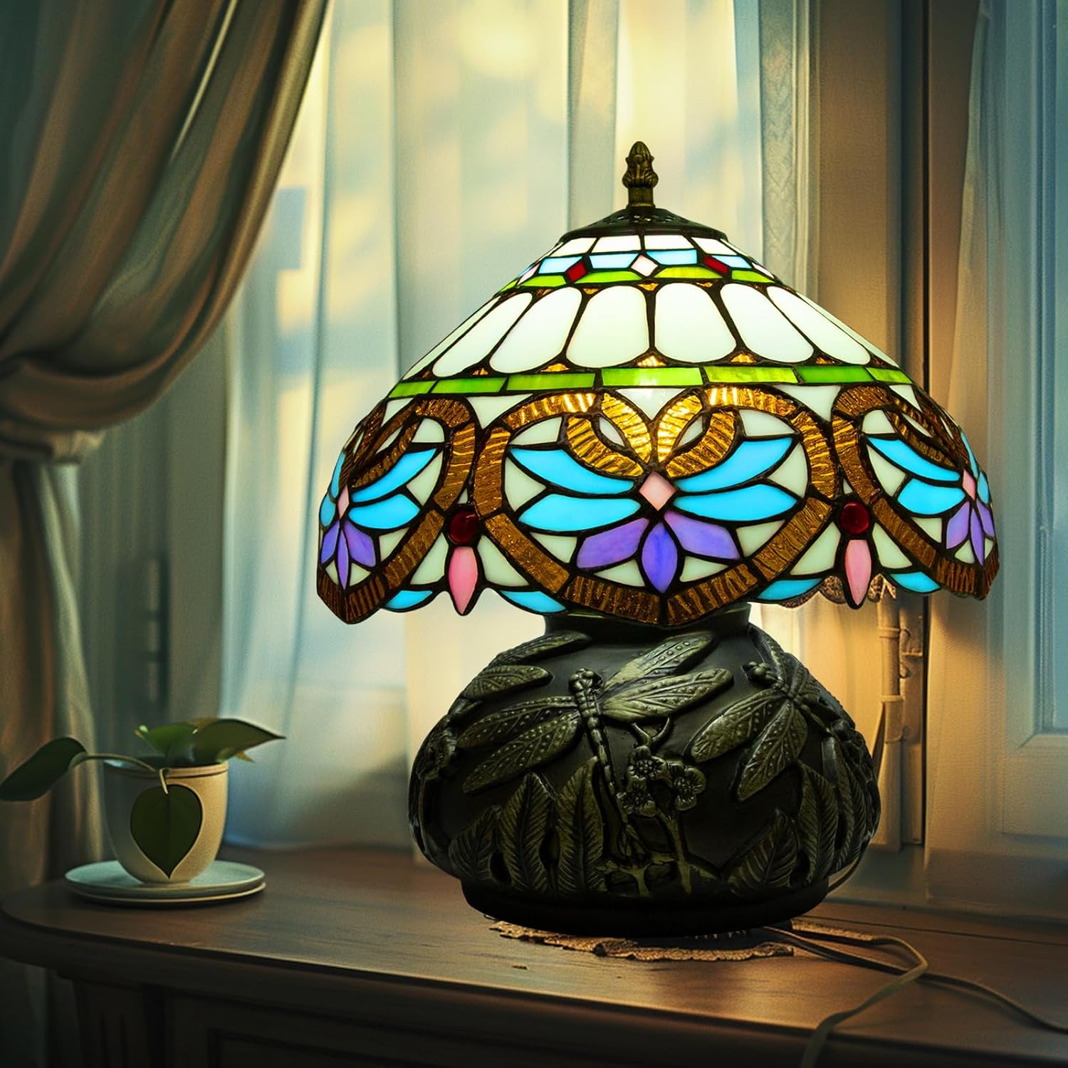 Tiffany Table Lamp,12 Inch Stained Glass Table Lamp,Mushroom Style Vintage Desk Lights Included E26 LED with Remote Control for Bedside,Bedroom,Living Room(Red Star Baroque)