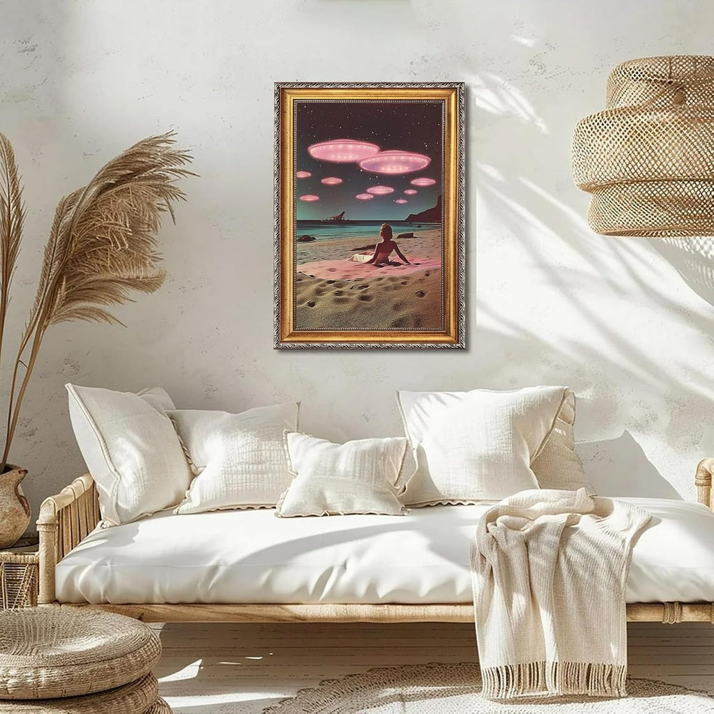 Retro UFO Beach Wall Art Canvas Print Surreal Alien Seaside Encounter Poster Painting Vintage Sci-Fi Artwork Framed Eclectic Trippy Spaceship Picture Wall Decor for Living Room Office Cafe 24x36inch