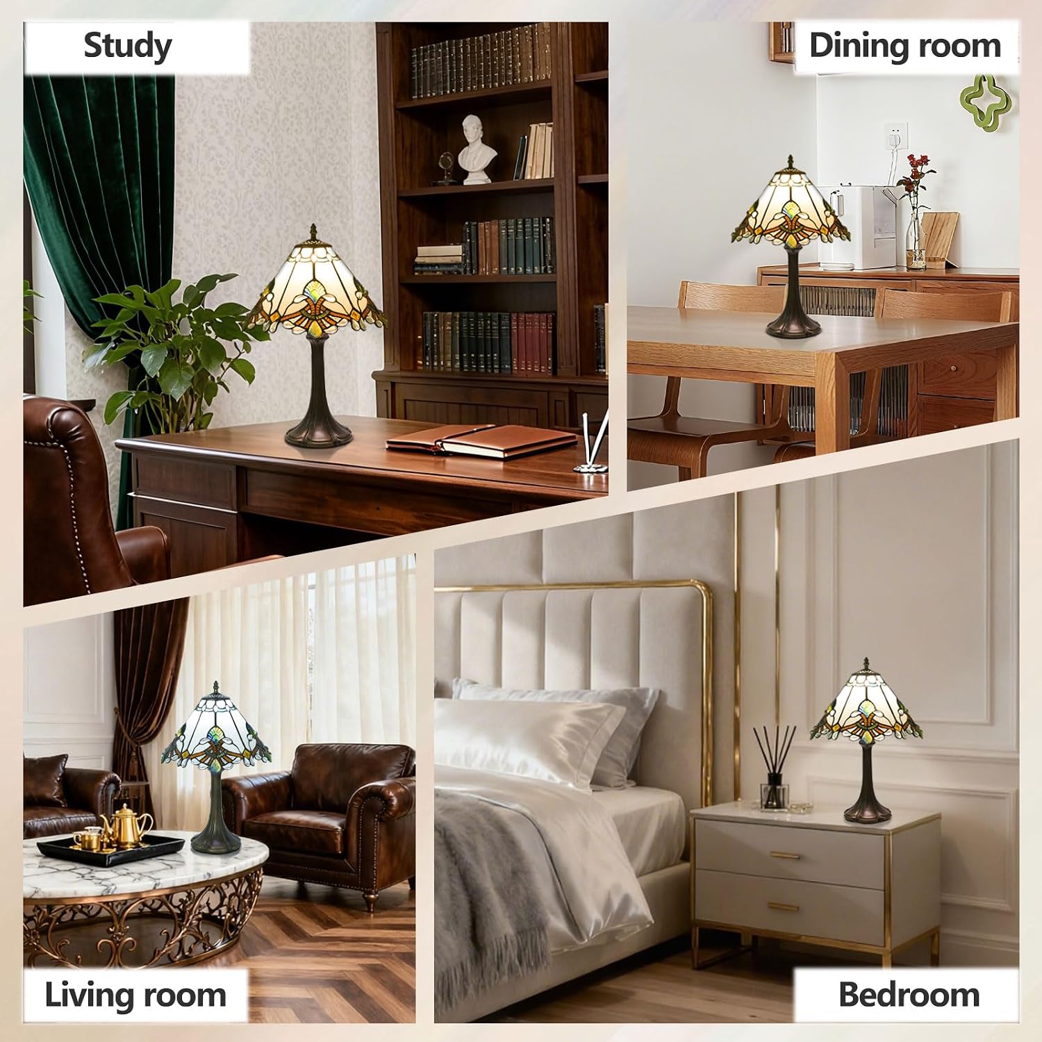 Tiffany Style Table Lamp, Small Stained Glass Lamp for Bedside, Bedroom, Nightstand, Living Room, 12 Inch Mini Vintage Light Included E26 Bulbs with Remote Control (White Umbrella)