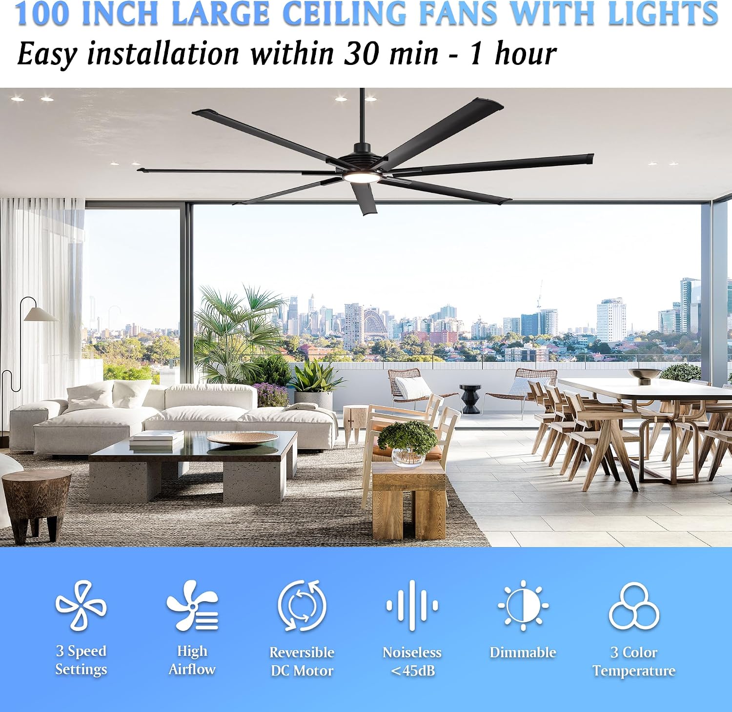100 Inch Ceiling Fans with Lights and Remote, Industrial Black Ceiling Fan for Living Room Shop Garage Large Outdoor Ceiling Fans for Patios, Dimmable, 6-Speed Reversible DC Motor, 7 Aluminum Blades