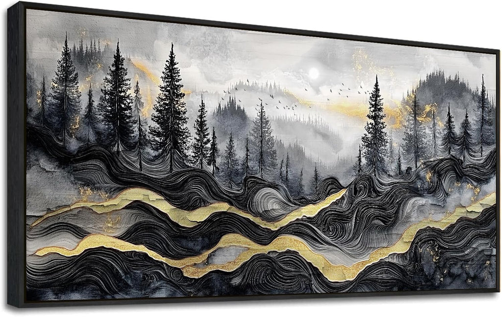 KELIYUAAN Large Canvas Wall Art For Living Room Black Framed Wall Decor For Bedroom Office Wall Decorations Prints Pictures Abstract Mountain Landscape Painting Home Decor Aesthetics 24'X48'