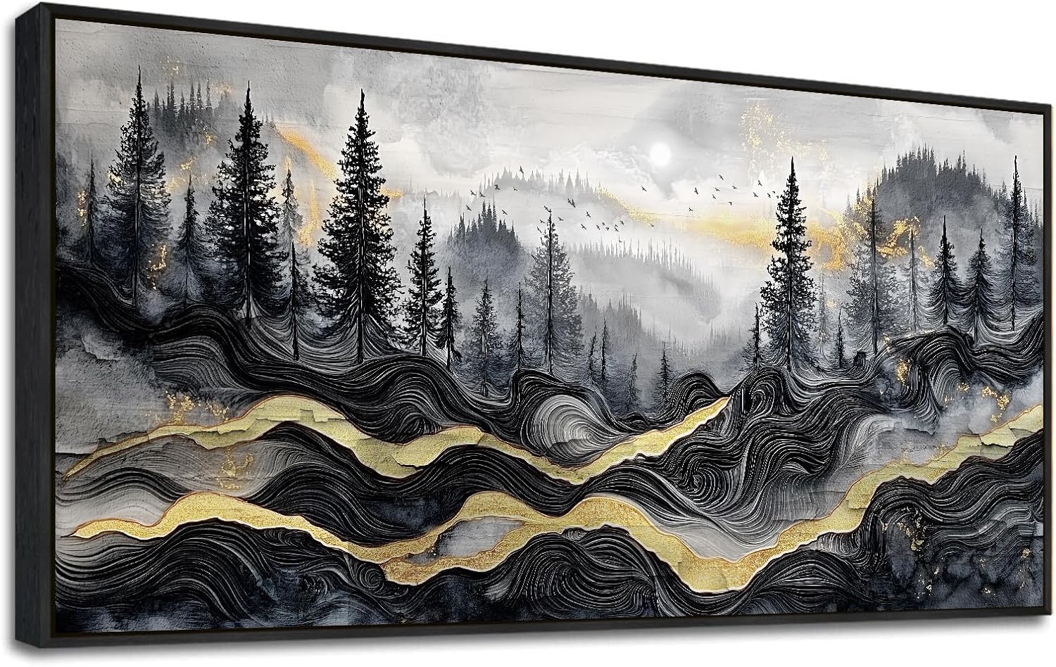 KELIYUAAN Large Canvas Wall Art For Living Room Black Framed Wall Decor For Bedroom Office Wall Decorations Prints Pictures Abstract Mountain Landscape Painting Home Decor Aesthetics 24'X48'