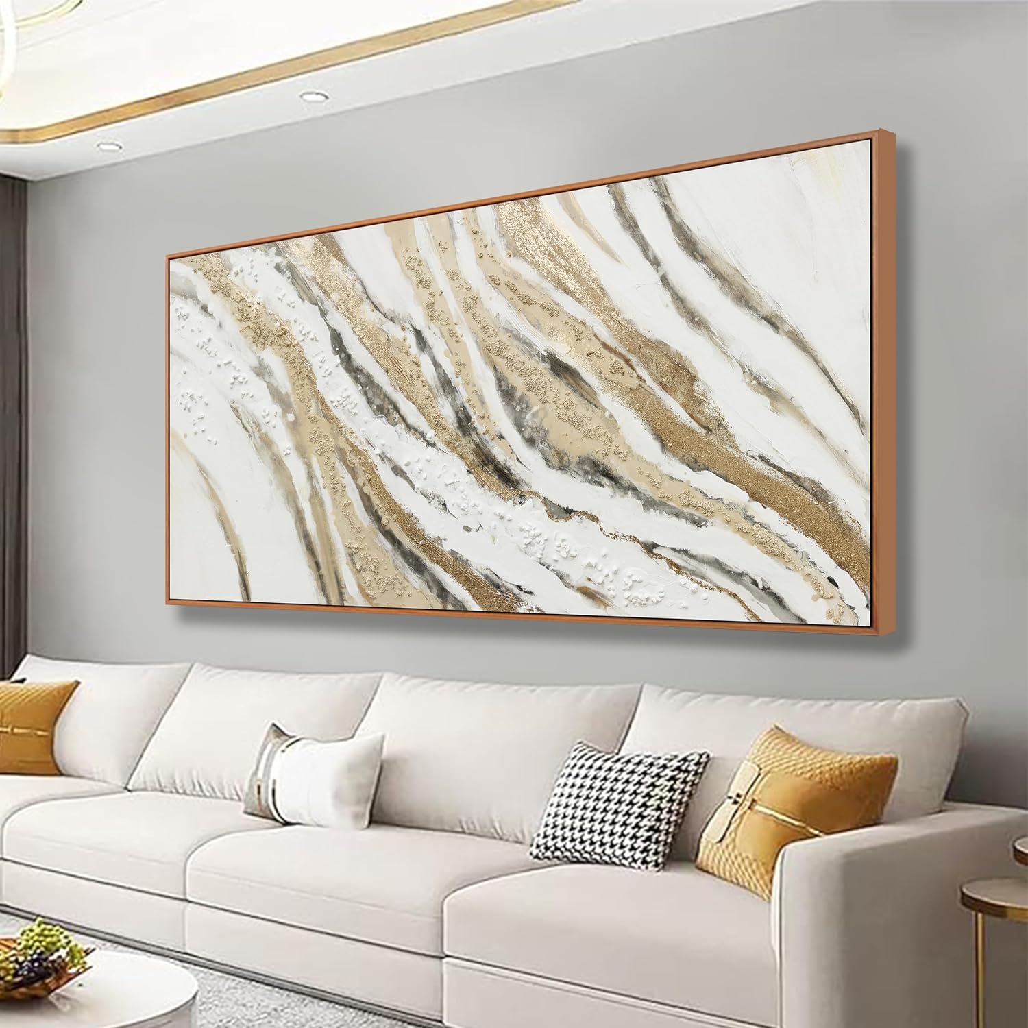 Abstract Wall Art Framed Artwork Abstract Painting With Golden And White Lines Decor Modern Canvas Wall Decor Suitable For Bedroom Apartment Office Dining Room Wall Decor Can Be Hang 24'X48'