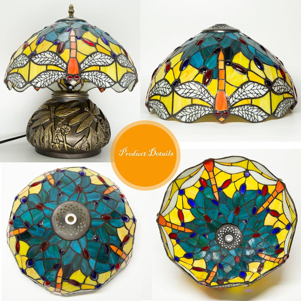 Tiffany Lamp,12 inch Stained Glass Lamp,Dragonfly Tiffany Style Table Lamp Included E26 LED with Remote Control for Bedside,Living Room,Dining Table,Antique Office(Blue Leaf)
