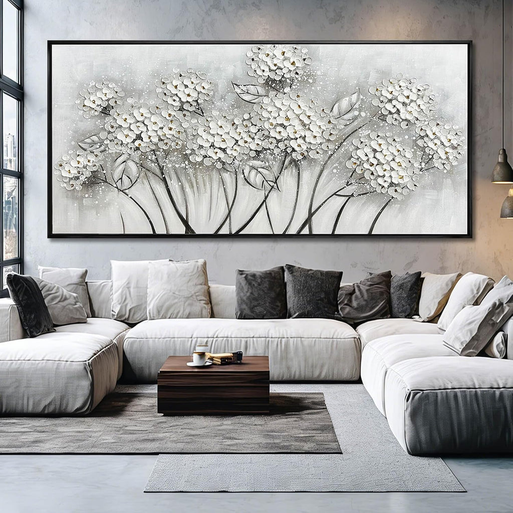 Kureful Grey and White Hand Painted Wall Art Flower Canvas Artwork Contemporary Oil Paintings 40'x86' Decorations for Bedroom Office