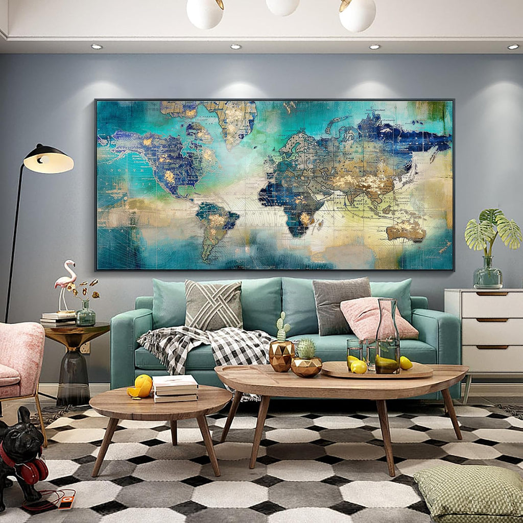 Pogusmavi World Map Wall Art for Living Room - Large Framed World Maps for Wall, Green Abstract Canvas Artwork for Walls, Modern Office Decor, Map Wall Art for Men (Black Framed) 29×58IN