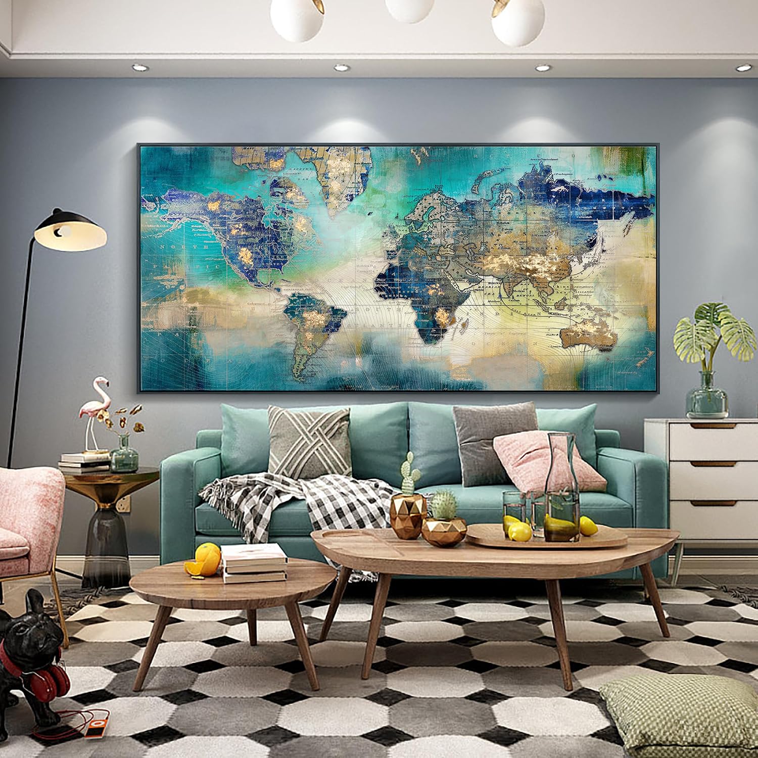 Pogusmavi World Map Wall Art for Living Room - Large Framed World Maps for Wall, Green Abstract Canvas Artwork for Walls, Modern Office Decor, Map Wall Art for Men (Black Framed) 29×58IN