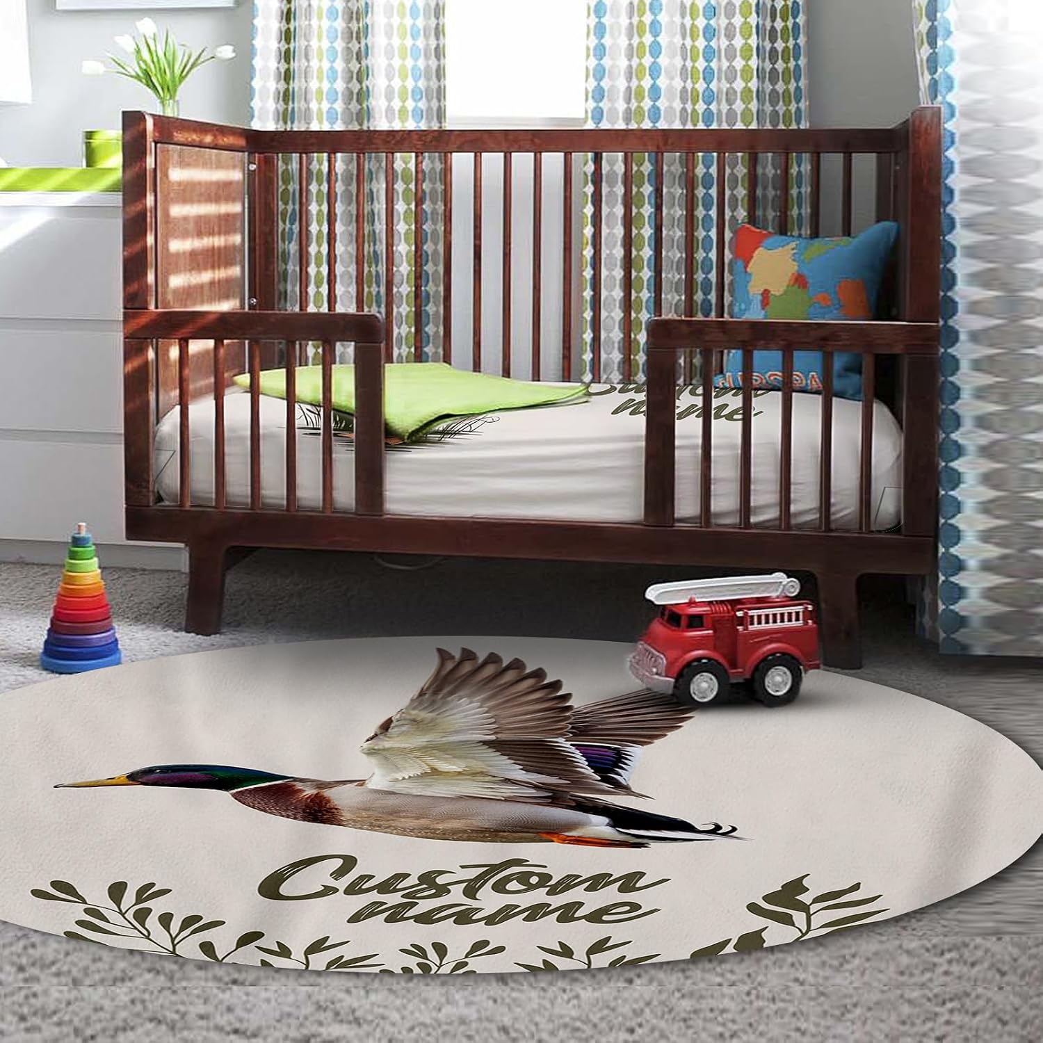 Personalized Crib Bedding Set for Baby Boys, Hunting Duck Pattern Custom Name Baby Crib Sets 5-Pcs, Double Layer Baby Blanket Fitted Sheet Changing Pad Cover Rug Wall Art Set