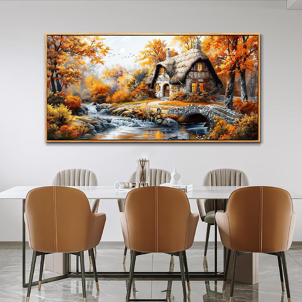 QIYILEXWART Canvas Wall Art For Living Room Large Wall Decor For Office Bedroom Decorations Autumn Cottage River Landscape Pictures Farmhouse Painting Artwork Room Wall Mural Aesthetic Home Decor 30x60 In