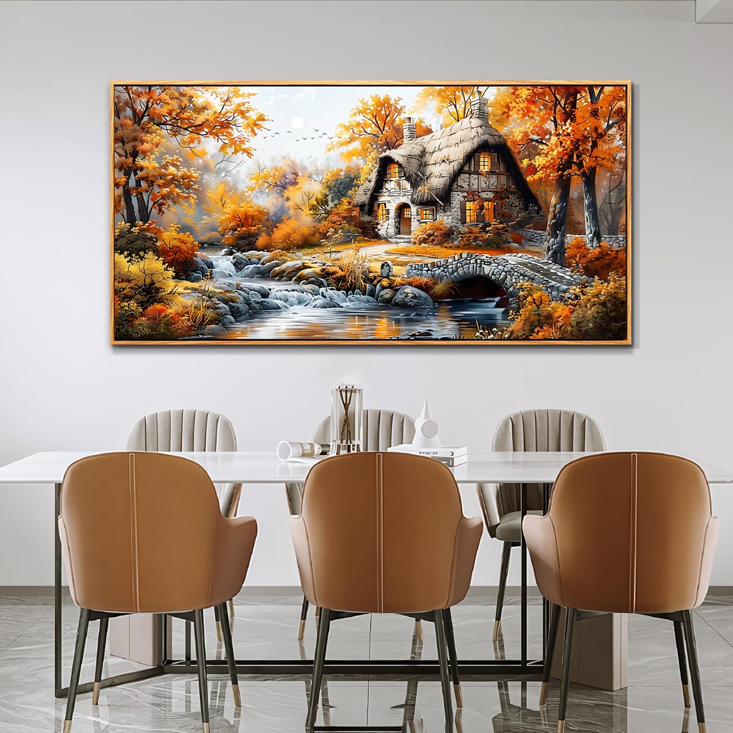 QIYILEXWART Canvas Wall Art For Living Room Large Wall Decor For Office Bedroom Decorations Autumn Cottage River Landscape Pictures Farmhouse Painting Artwork Room Wall Mural Aesthetic Home Decor 30x60 In
