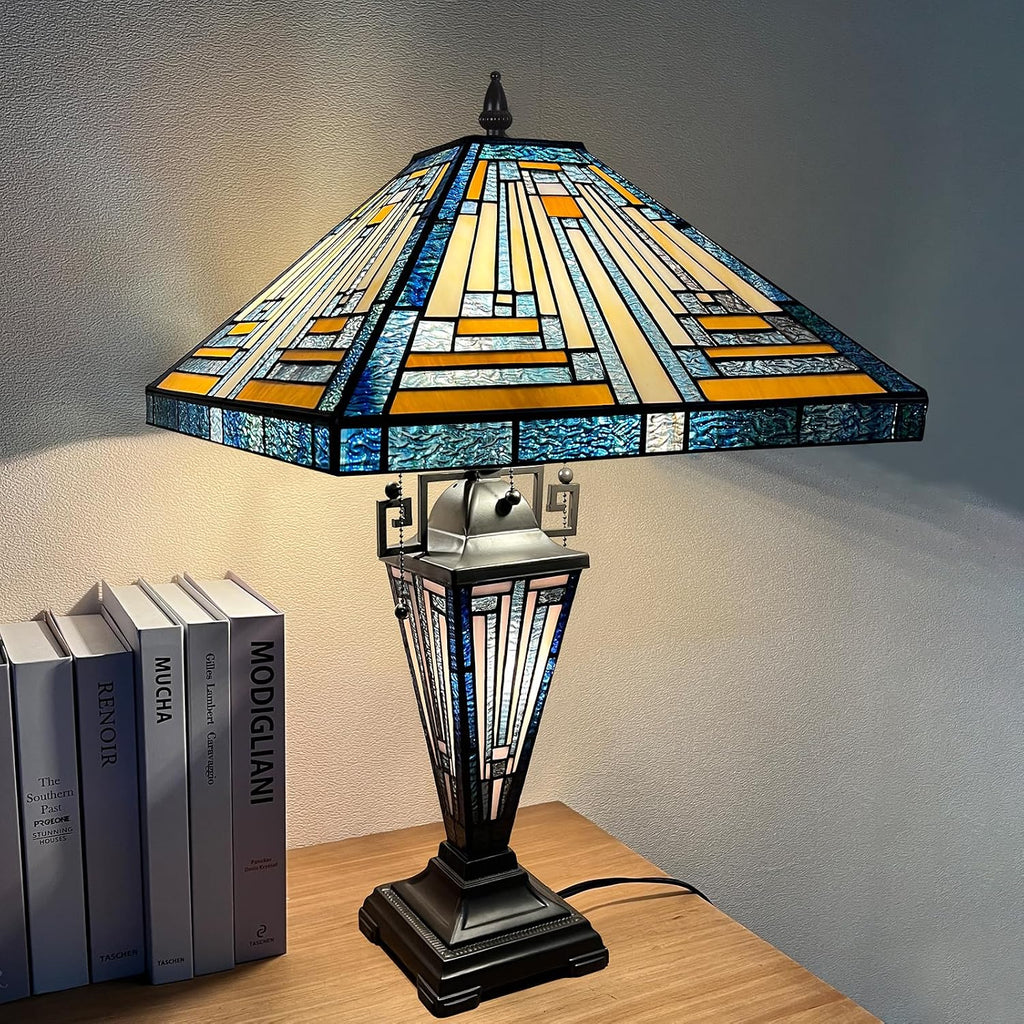 Capulina Tiffany Lamp Stained Glass Table Lamp with Night Light 3-Light 16x16x24 Inches Mother-Daughter Vase Mission Blue Amber Desk Lamp for Home Office Living Room Bedroom