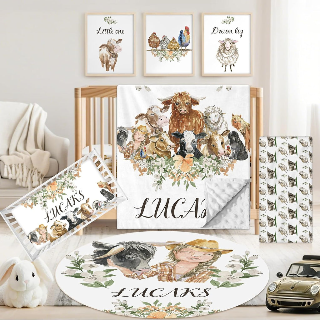 Custom Baby Crib Bedding Set, 5 PCS Personalized Name Baby Crib Sets for Girls Boys, Farm Animals Theme Nursery Bedding Sets for Infant Toddler, Double Layer Flannel Bed Set Customized Gifts