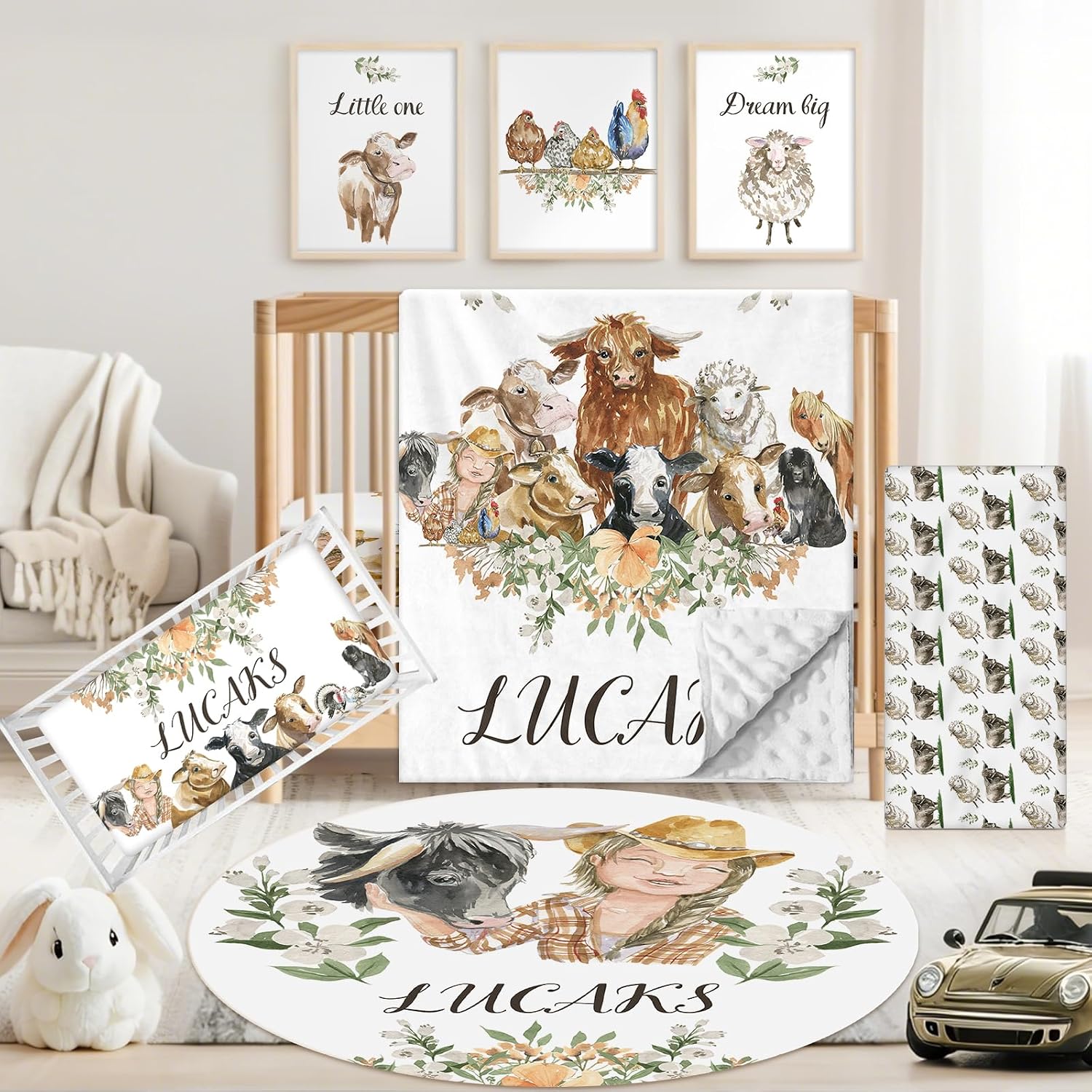 Custom Baby Crib Bedding Set, 5 PCS Personalized Name Baby Crib Sets for Girls Boys, Farm Animals Theme Nursery Bedding Sets for Infant Toddler, Double Layer Flannel Bed Set Customized Gifts