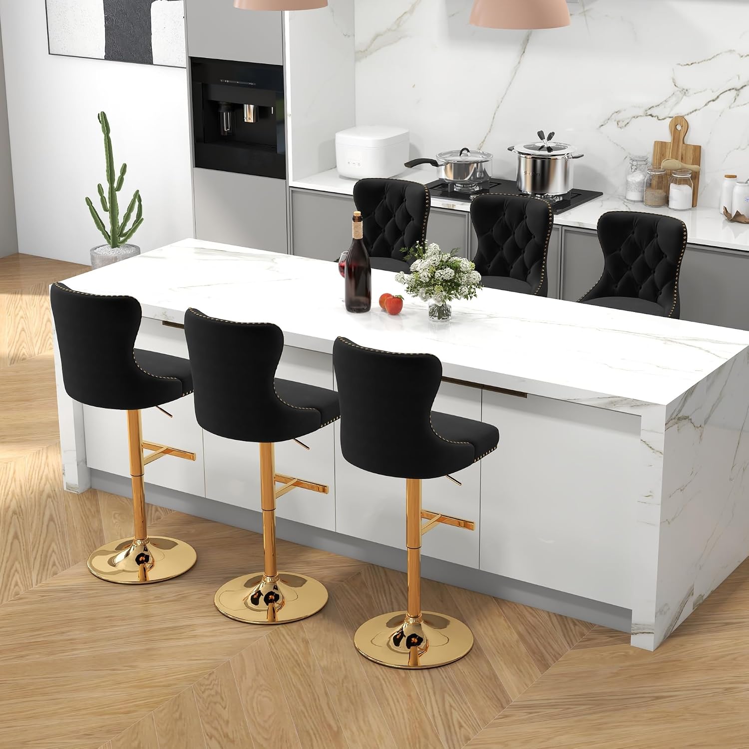 Black Velvet Tufted Barstools Set of 6, Swivel Counter Chairs with Diamond Lattice Back, Height Adjustable Seat with Rivet Trim Metal Pull