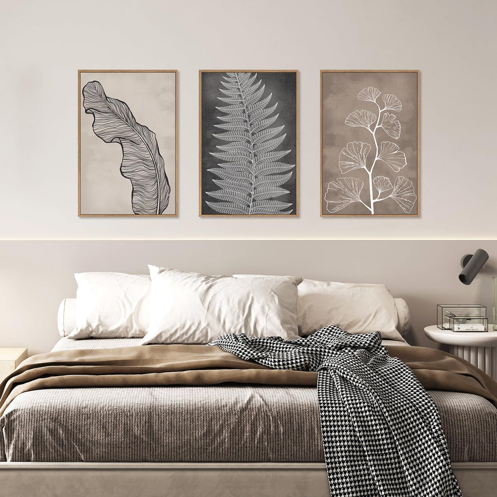 HLNIUC Botanical Neutral Framed Wall Art Set, Abstract Fern Leaf Canvas Wall Decor, Vintage Rustic Plant Wall Painting, Black Beige Nature Art Print for Living Room, Bedroom, Office - 24'x36'x3