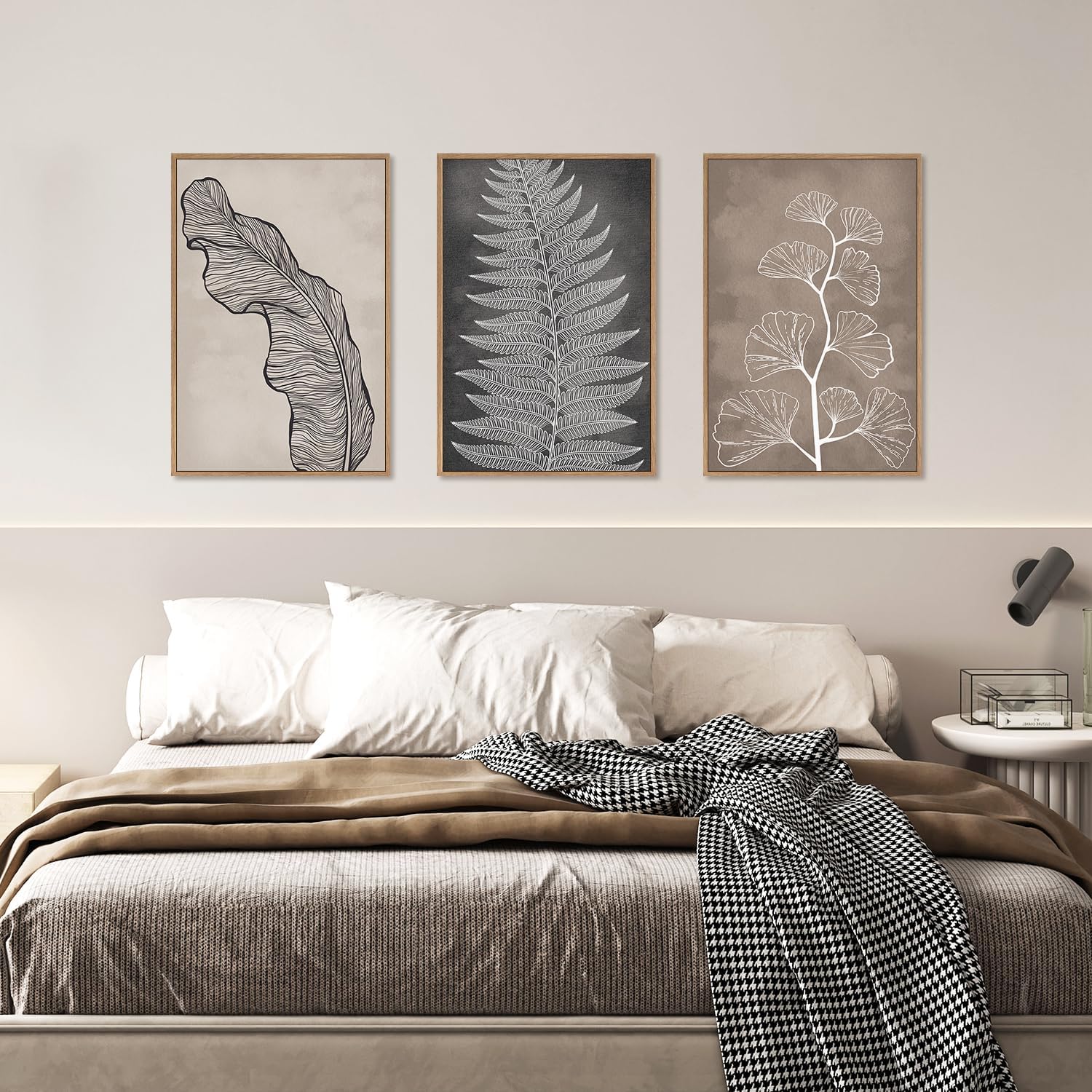 HLNIUC Botanical Neutral Framed Wall Art Set, Abstract Fern Leaf Canvas Wall Decor, Vintage Rustic Plant Wall Painting, Black Beige Nature Art Print for Living Room, Bedroom, Office - 24'x36'x3