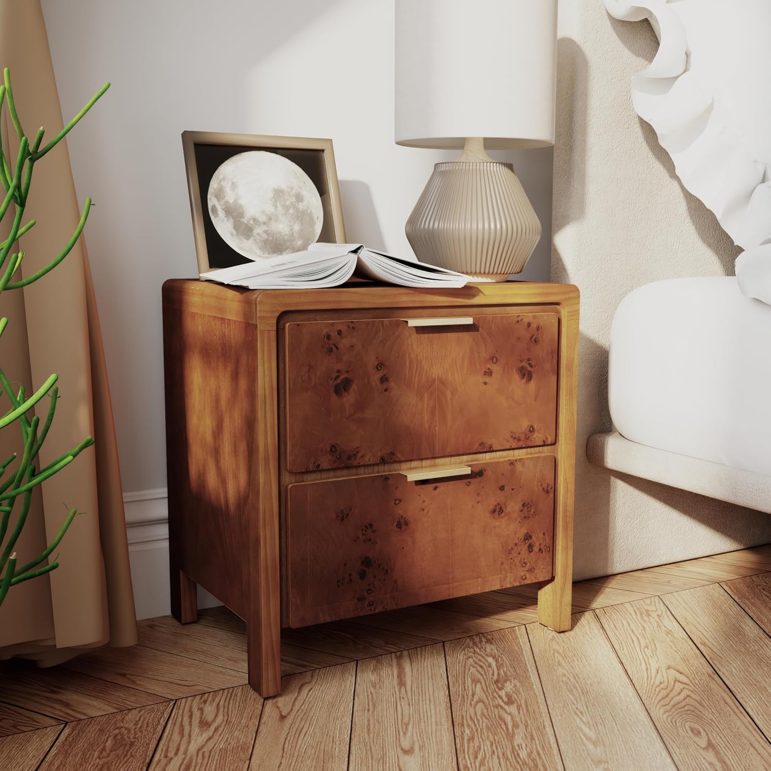 COZAYH Farmhouse Nightstand with 2 Drawer, Distressed Wood Rustic Accent Bedside Table, Burl Finish Side Table for Bedroom, Entryway, Fully Assembled, Brown