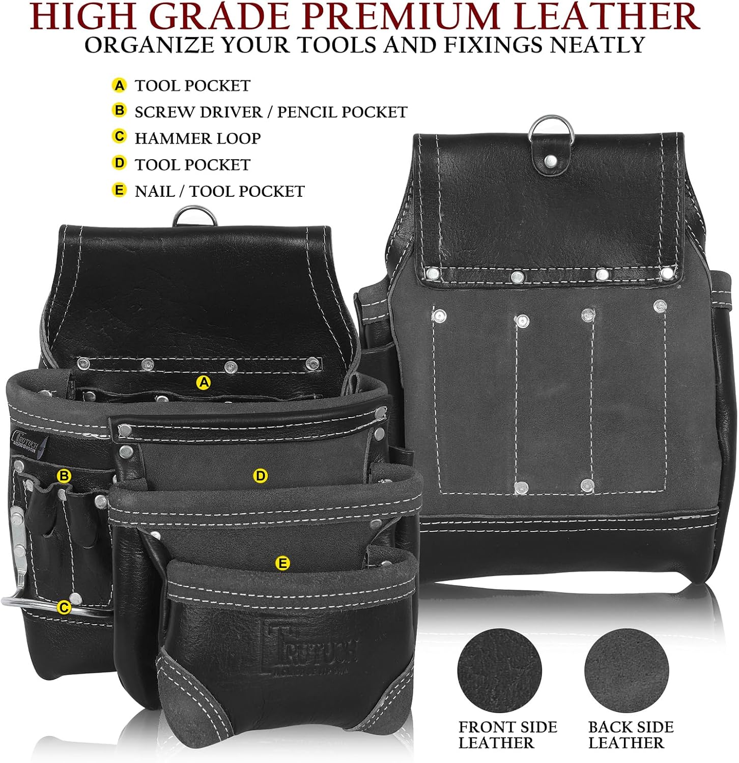 Grain Leather Tool Belt | Tools Pouch | Drywall Tool Belt | Carpenter Tools Bag | Leather Tool Belts for Men | Construction | Framers | Electrician (Black)