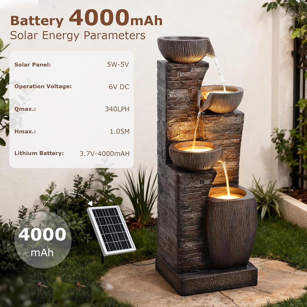 38.2' Tall Solar Powered Water Fountain for Outdoor,4 Tiers Modern Cascading Bowls and Stacked Stones Solar Fountains with LED Lights for Garden, Patio, Deck, Backyard and Home Art Decor