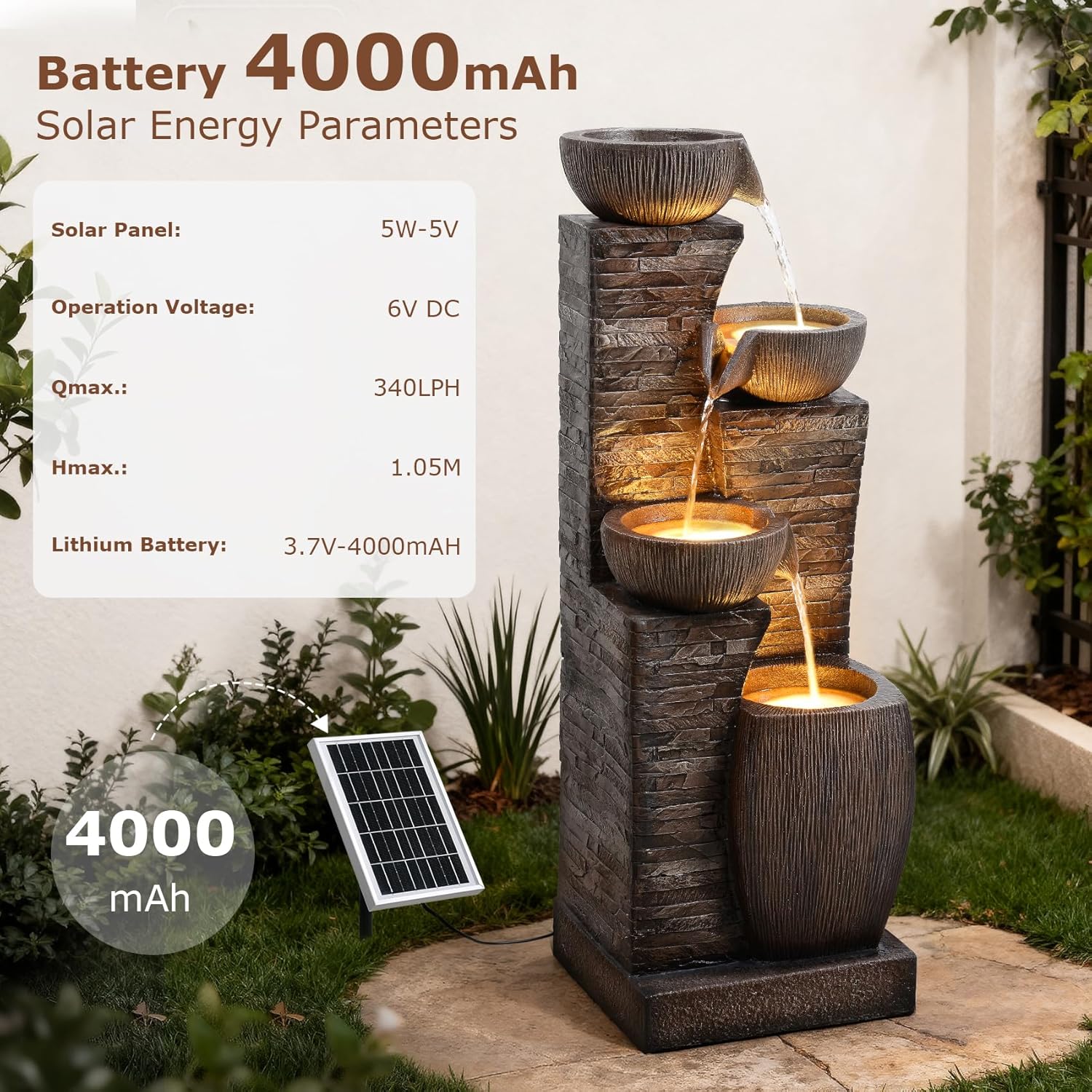 38.2' Tall Solar Powered Water Fountain for Outdoor,4 Tiers Modern Cascading Bowls and Stacked Stones Solar Fountains with LED Lights for Garden, Patio, Deck, Backyard and Home Art Decor