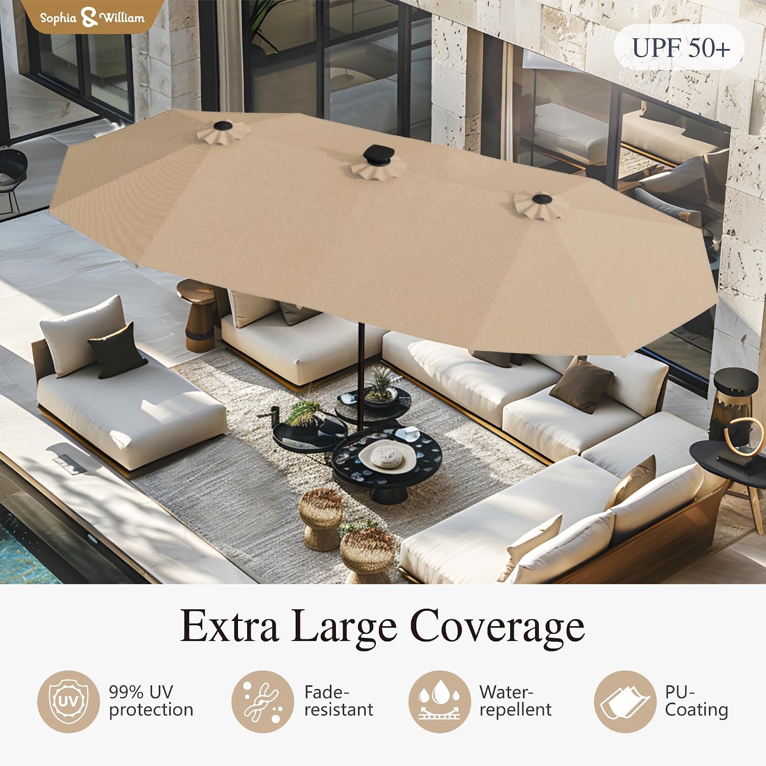 Sophia & William 13ft Outdoor Patio Umbrella with Solar Lights, Large Double-sided Umbrella with LED Lights, Perfect for Garden, Deck, Pool, Beige