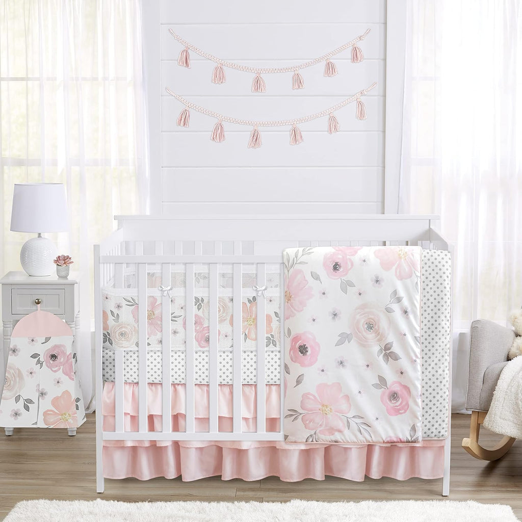 Sweet Jojo Designs 6-Piece Baby Crib Bedding Set (Pink/Grey Boho Floral) for Girls, Infants/Nursery incl. Blanket, Fitted Sheet, Skirt, BreathableBaby Breathable Mesh Crib Liner (Watercolor Polka Dot)