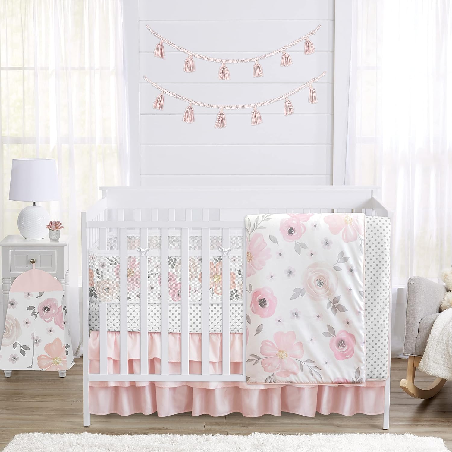 Sweet Jojo Designs 6-Piece Baby Crib Bedding Set (Pink/Grey Boho Floral) for Girls, Infants/Nursery incl. Blanket, Fitted Sheet, Skirt, BreathableBaby Breathable Mesh Crib Liner (Watercolor Polka Dot)